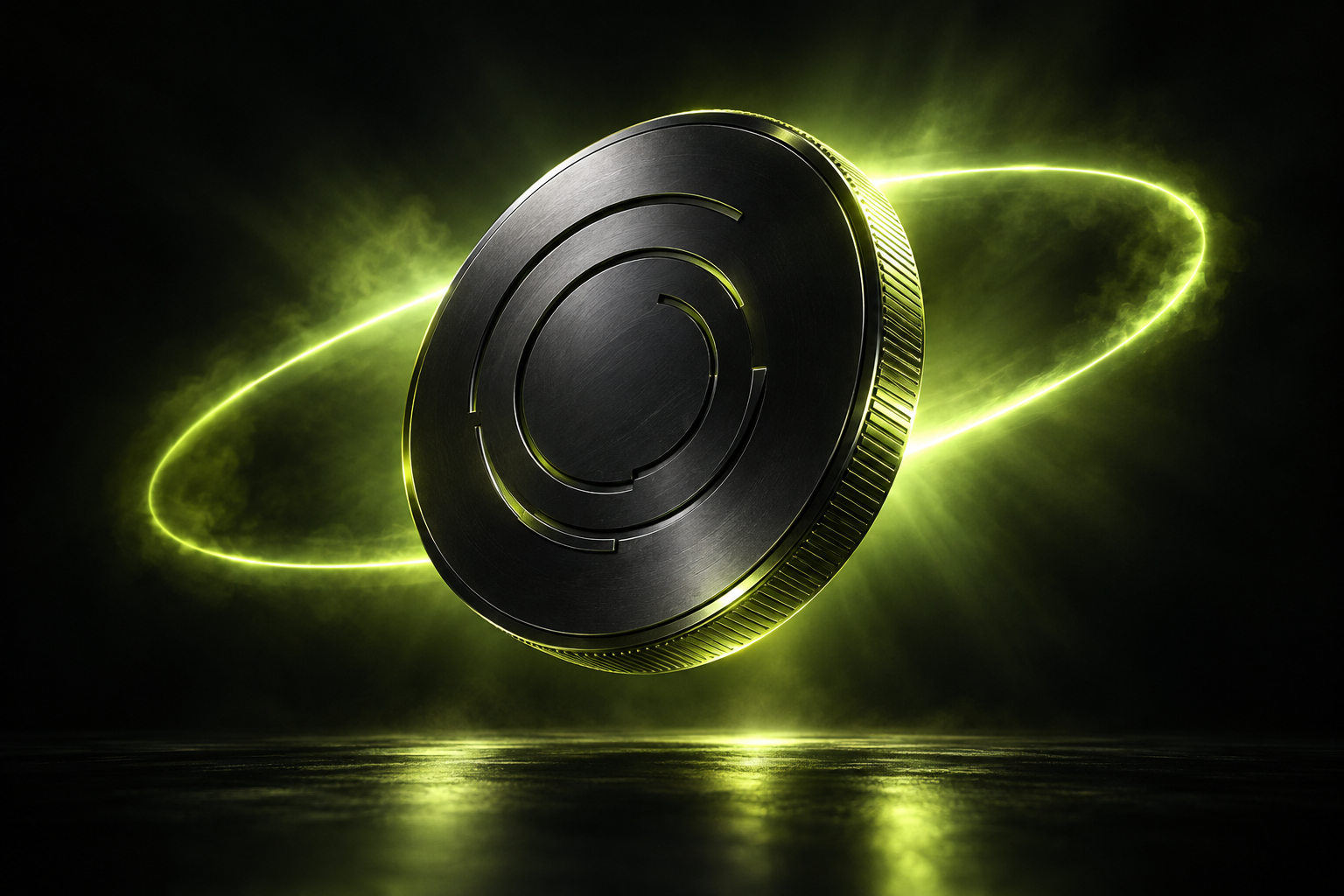 Sculpted black creator coin suspended in a radiant lime orbit