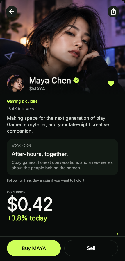 Crowd creator profile with bio, follower count, coin price and Buy and Sell controls