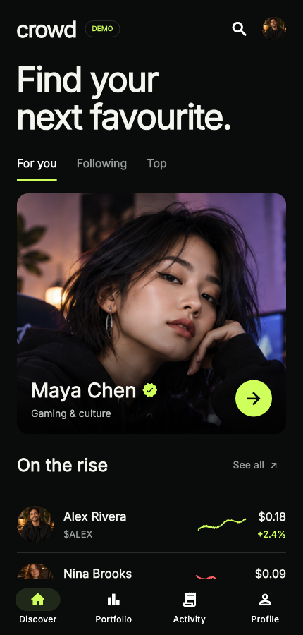 Crowd app discovery screen with featured creator Maya Chen