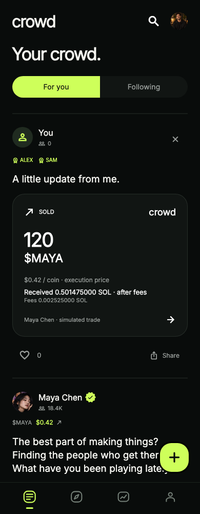 Crowd app feed showing a shared trade, supporter badges and creator posts