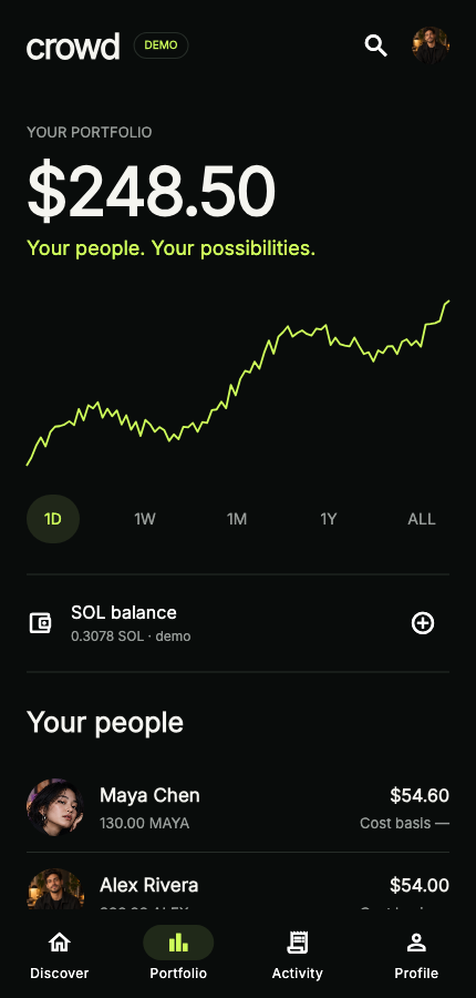 Crowd portfolio showing fictional holdings and SOL balance