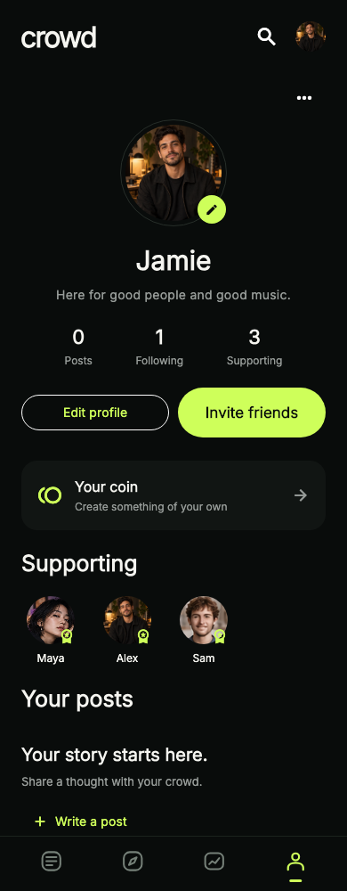 Crowd profile showing the creators you support and their supporter badges
